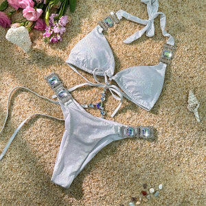 Silver Strap Halter Shiny Bronzing Crystal Diamond Bikini