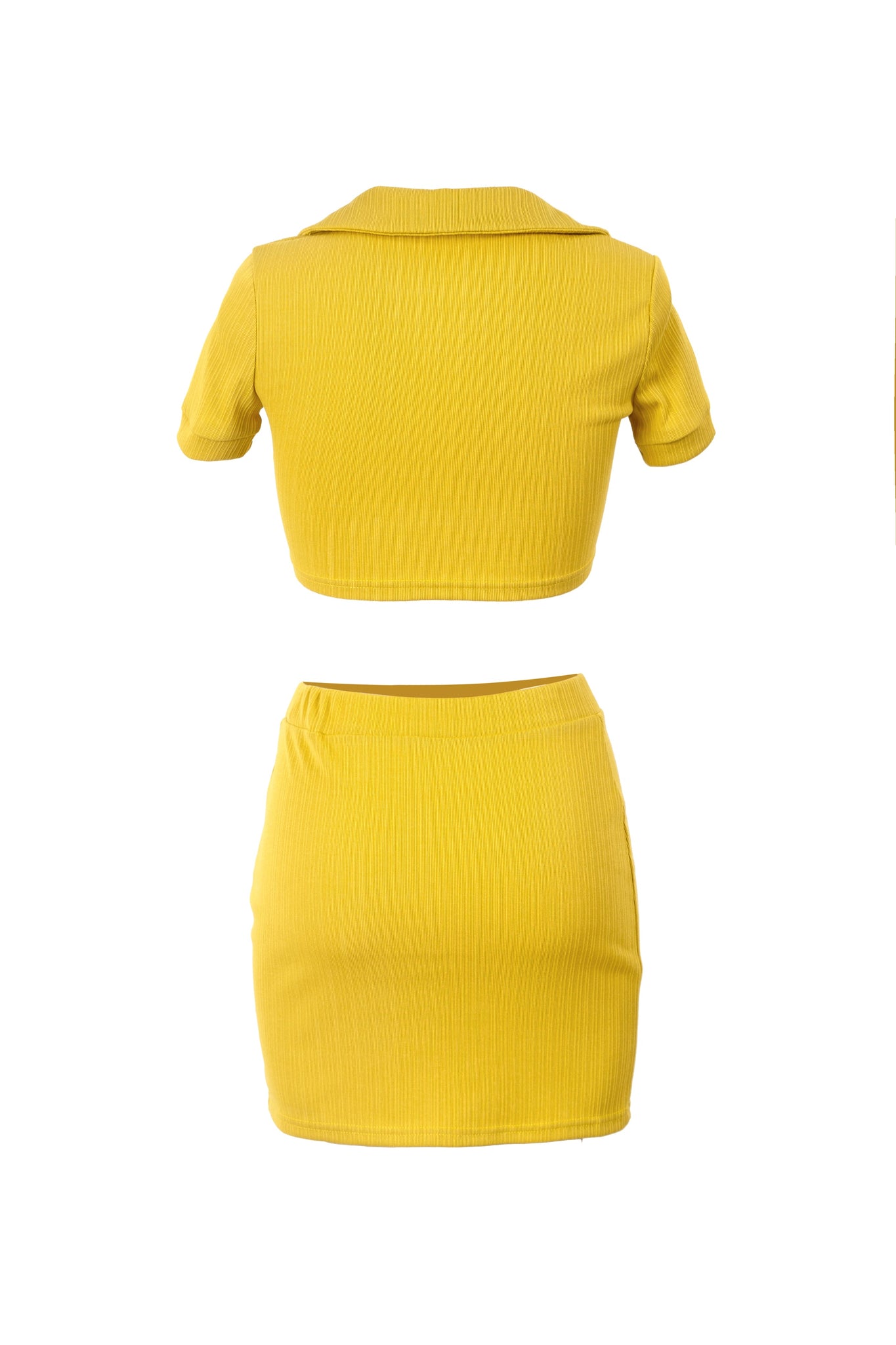 Yellow Solid Ribbed Polo Neck Buttons Crop Top With Slit Mini Dress