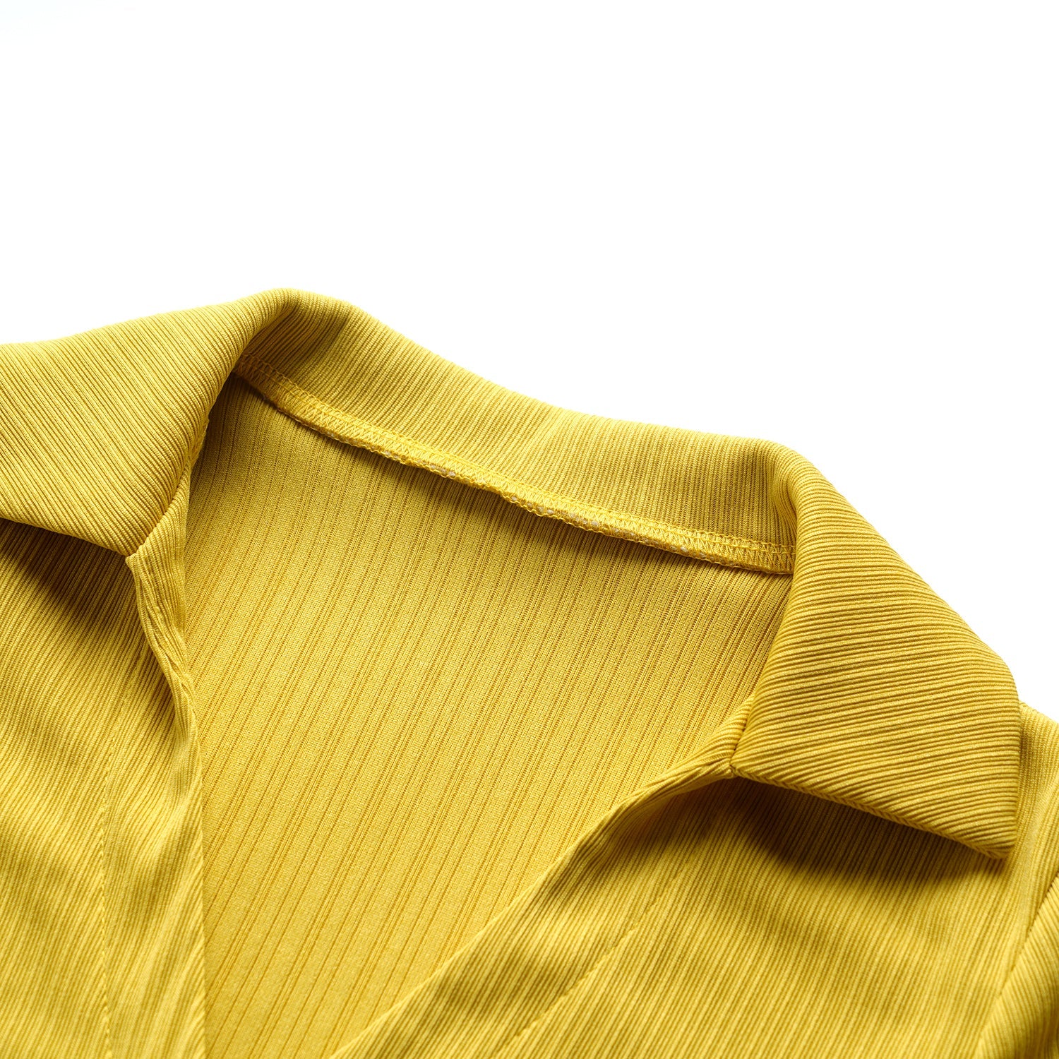 Yellow Solid Ribbed Polo Neck Buttons Crop Top With Slit Mini Dress