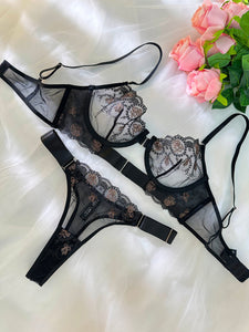 Sheer Black&Champagne Embroidered Lace Lingerie Set