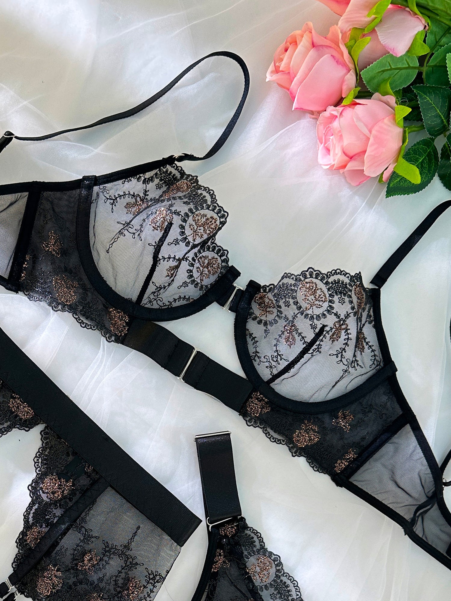 Sheer Black&Champagne Embroidered Lace Lingerie Set