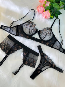 Sheer Black&Champagne Embroidered Lace Lingerie Set