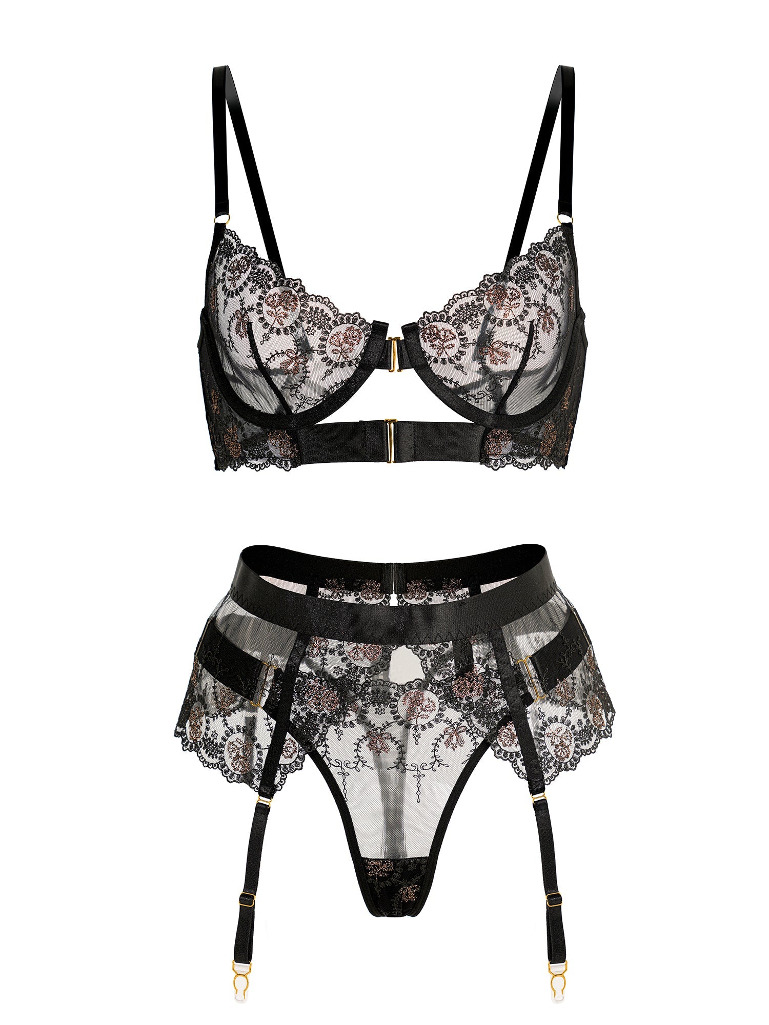 Sheer Black&Champagne Embroidered Lace Lingerie Set