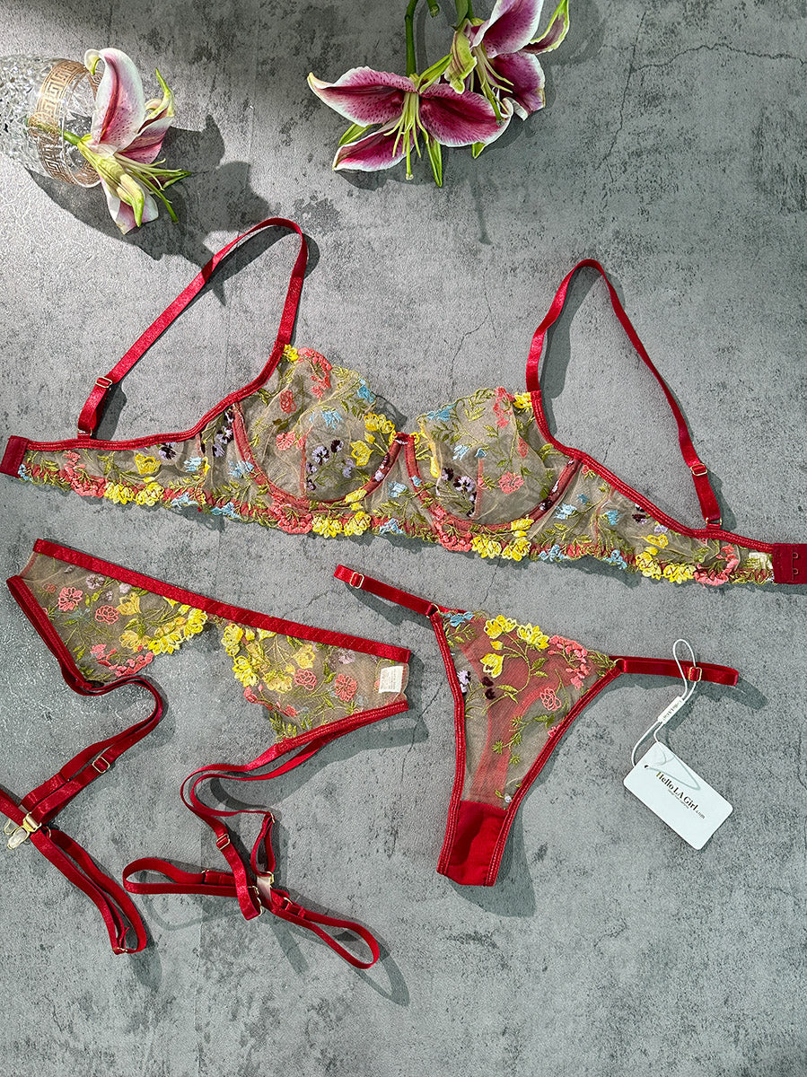 Wine Red Floral Embroidery Lace Cup Lingerie Set