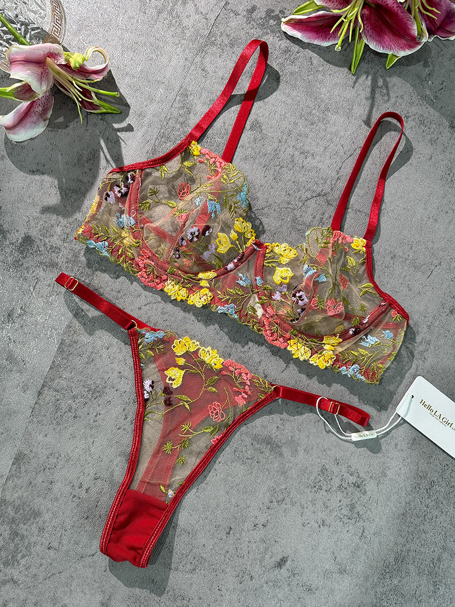 Wine Red Floral Embroidery Lace Cup Lingerie Set