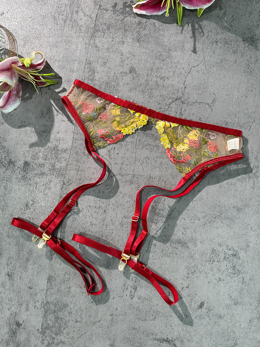 Wine Red Floral Embroidery Lace Cup Lingerie Set