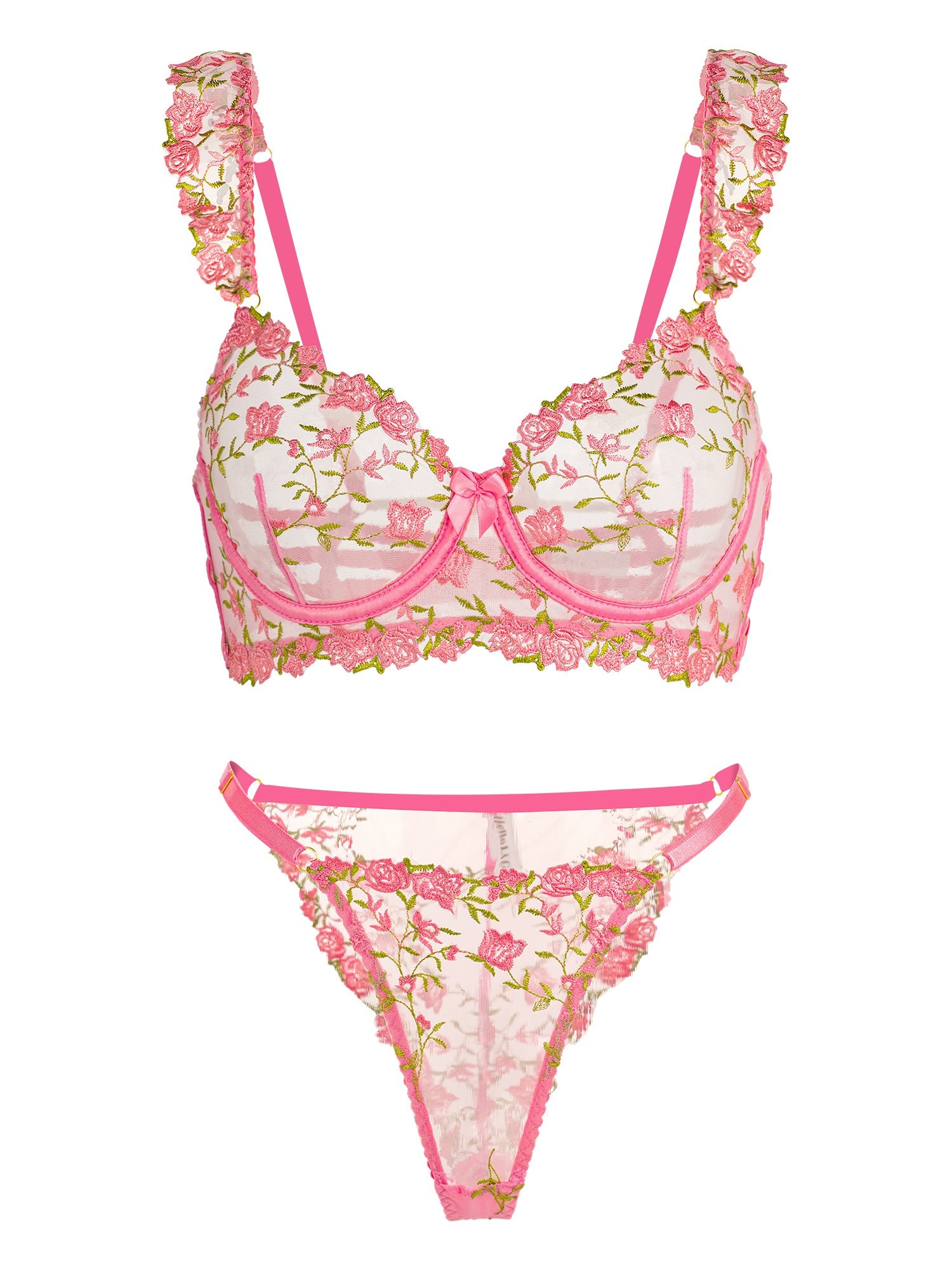 Sweetness Pink Rose Embroidered Lingerie Set