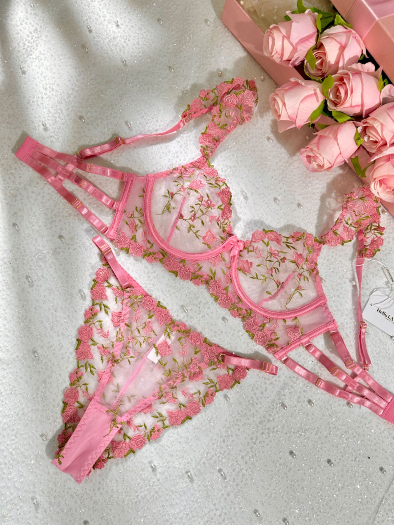 Sweetness Pink Rose Embroidered Lingerie Set